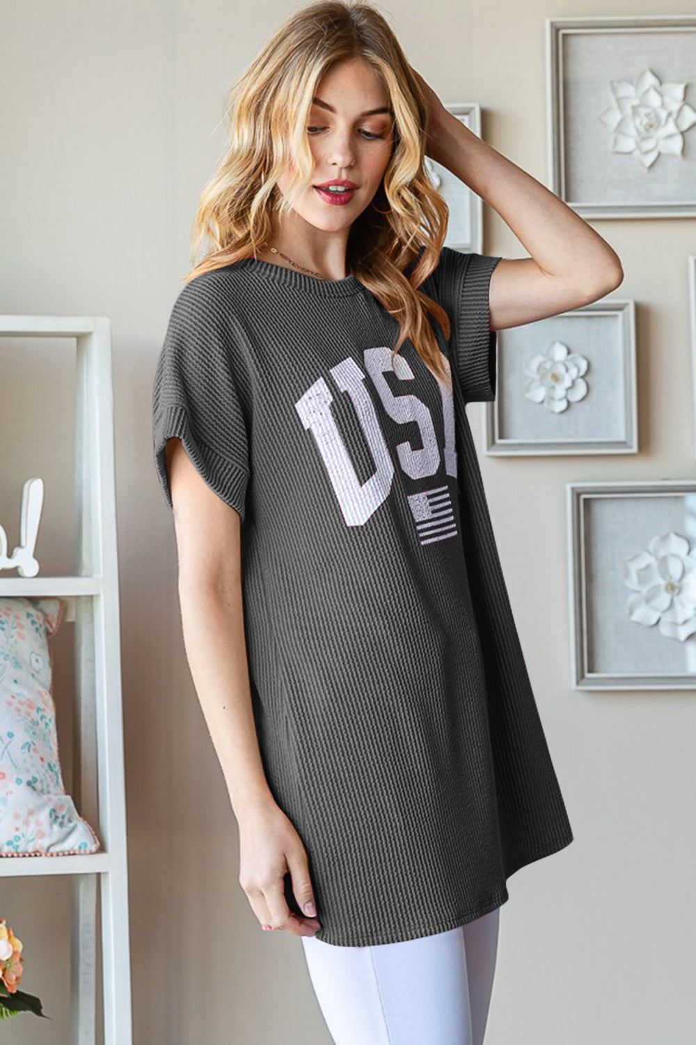 Heimish U S A Graphic Short Sleeve Ribbed Top in Charcoal