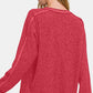 Zenana Cozy Unfiltered Contrast Stitching Brushed Ribbed Hacci Knit Top in Red