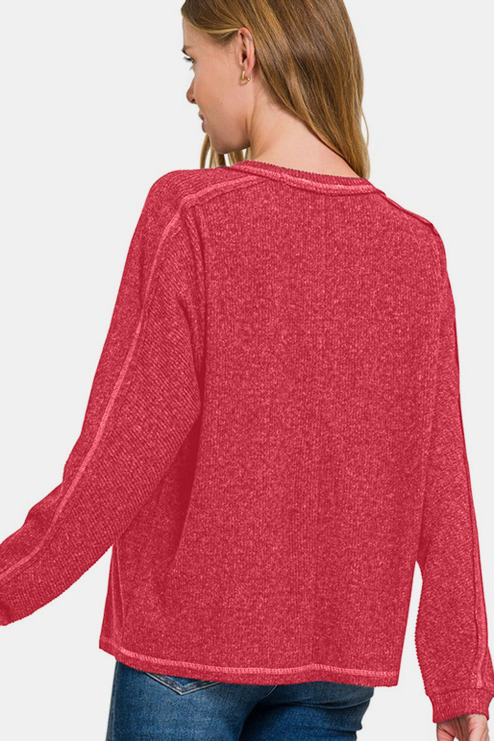 Zenana Cozy Unfiltered Contrast Stitching Brushed Ribbed Hacci Knit Top in Red