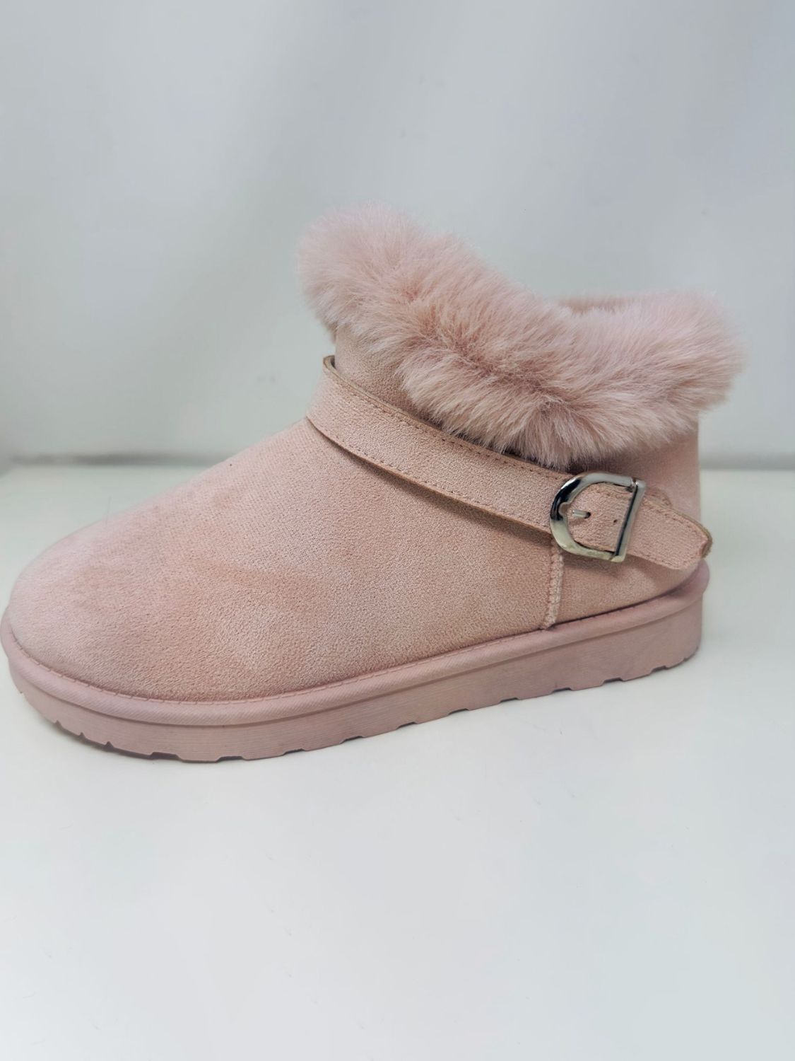 WILD DIVA Faux Fur and Fabulous Faux-Fur Buckle Round Toe Booties in Light Pink