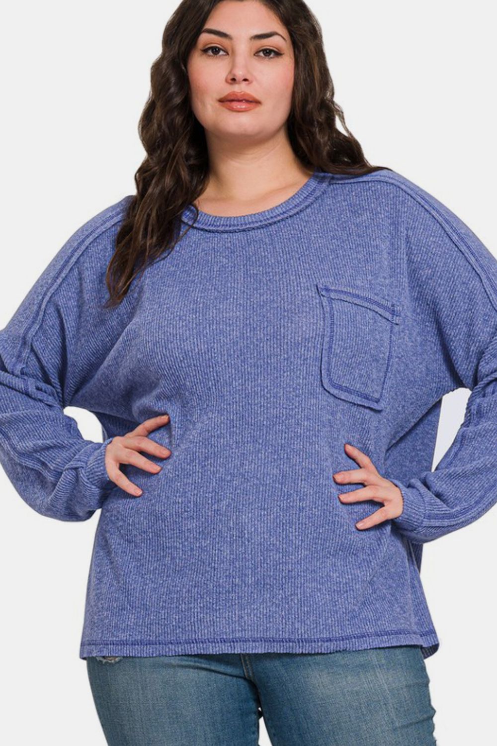 Zenana Cozy Unfiltered Contrast Stitching Brushed Ribbed Hacci Knit Top in Blue Purple