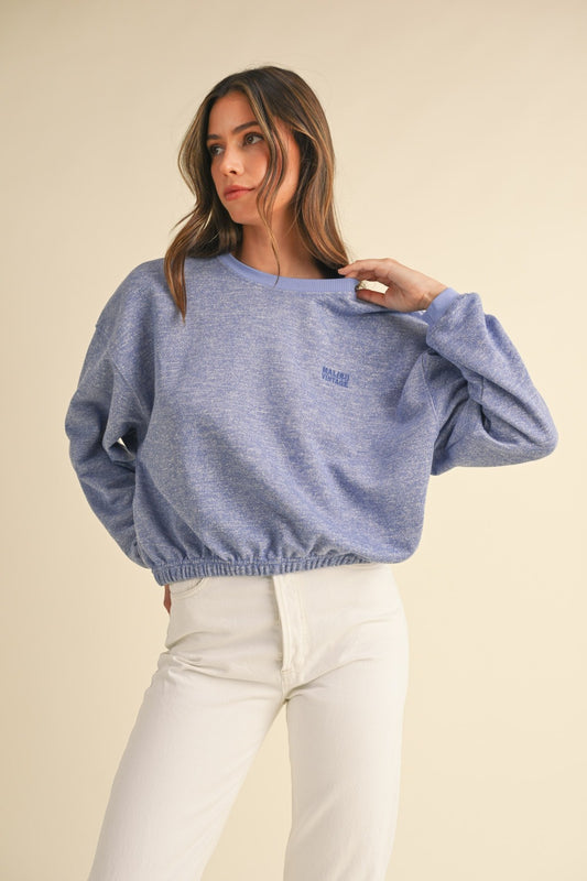 Mable Vintage in Malibu Letter Embroidery Crop Sweatshirt in Blue Purple