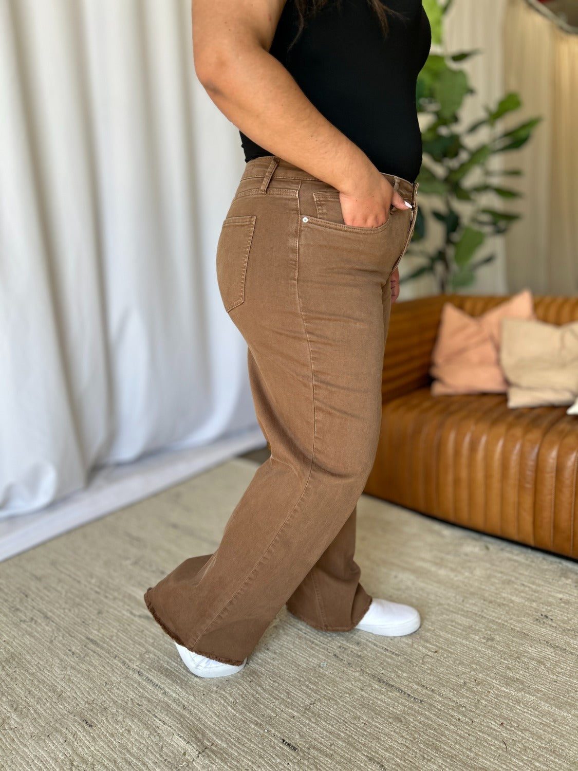 RFM Dawn High Rise Garment Dye Wide Leg Jeans in Coffee