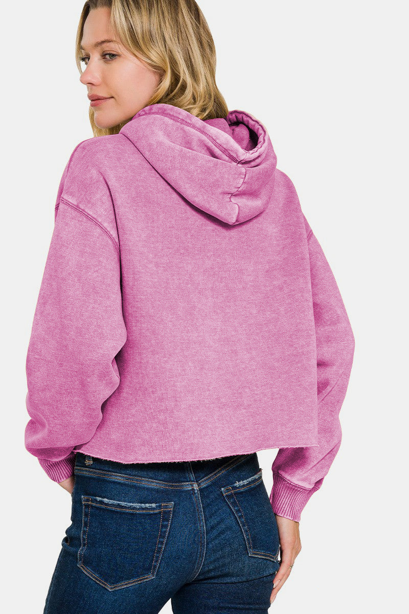 Zenana My Happy Place Acid Wash Fleece Cropped Hoodie in Mauve