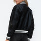 Love Me Now Bring The Love PU Leather Contrast Snap Down Bomber Jacket in Midnight/Black