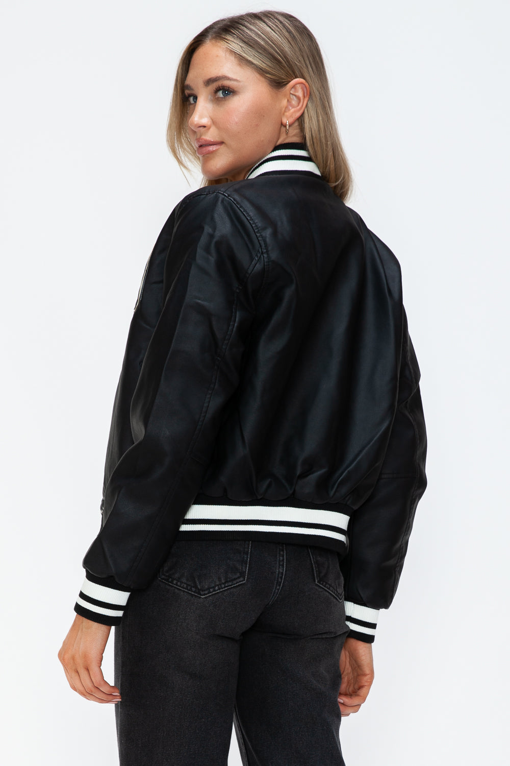 Love Me Now Bring The Love PU Leather Contrast Snap Down Bomber Jacket in Midnight/Black