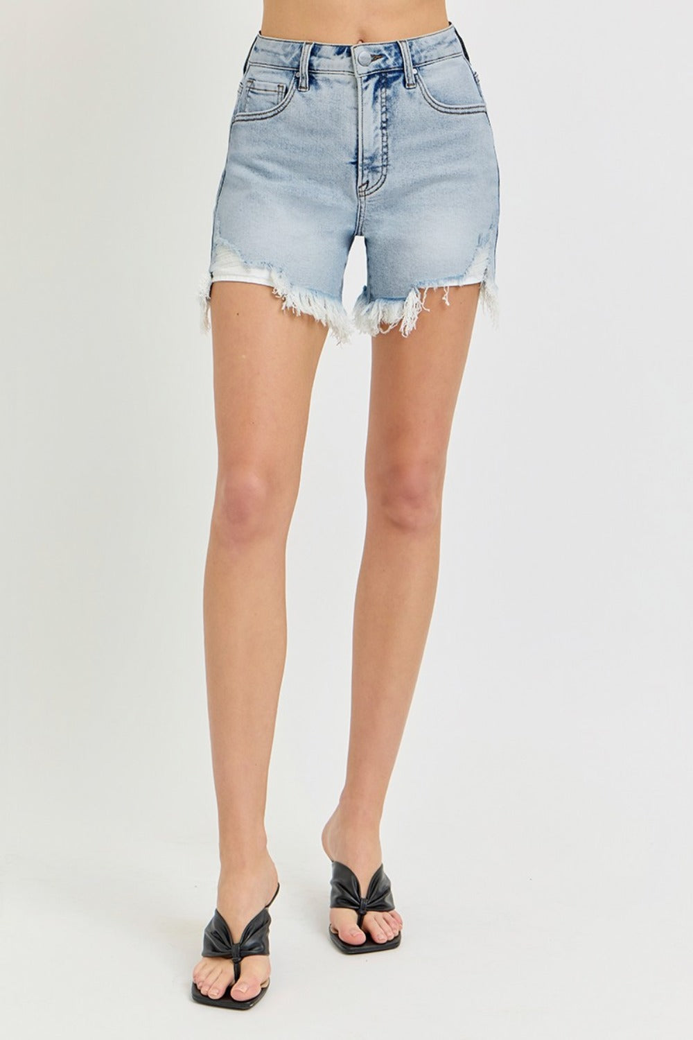 RISEN Olivia High Rise Side Step Hem Denim Shorts in Light