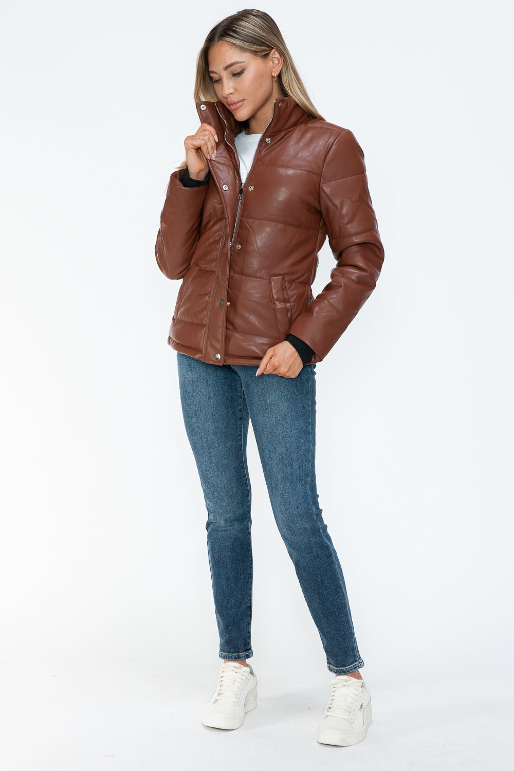 YMI Cozy Perfection Pocketed Zip Up Turtleneck Puffer Jacket in Brandy