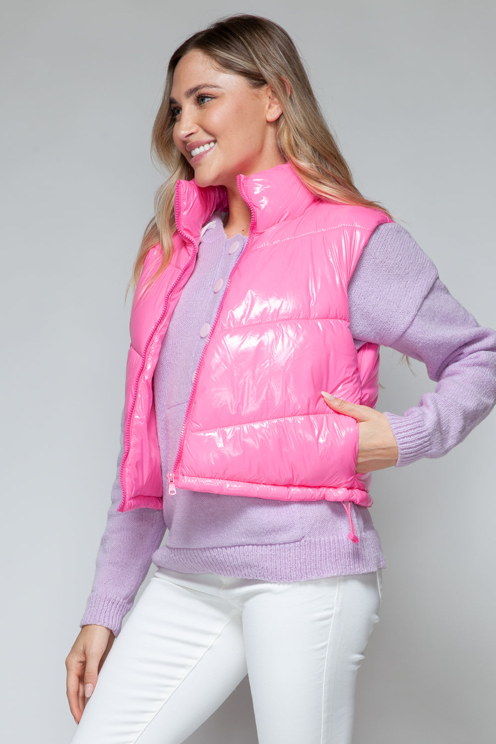 Snobbish A Quilted Touch Zip Up Turtleneck Shiny Quilted Vest in Hot Pink