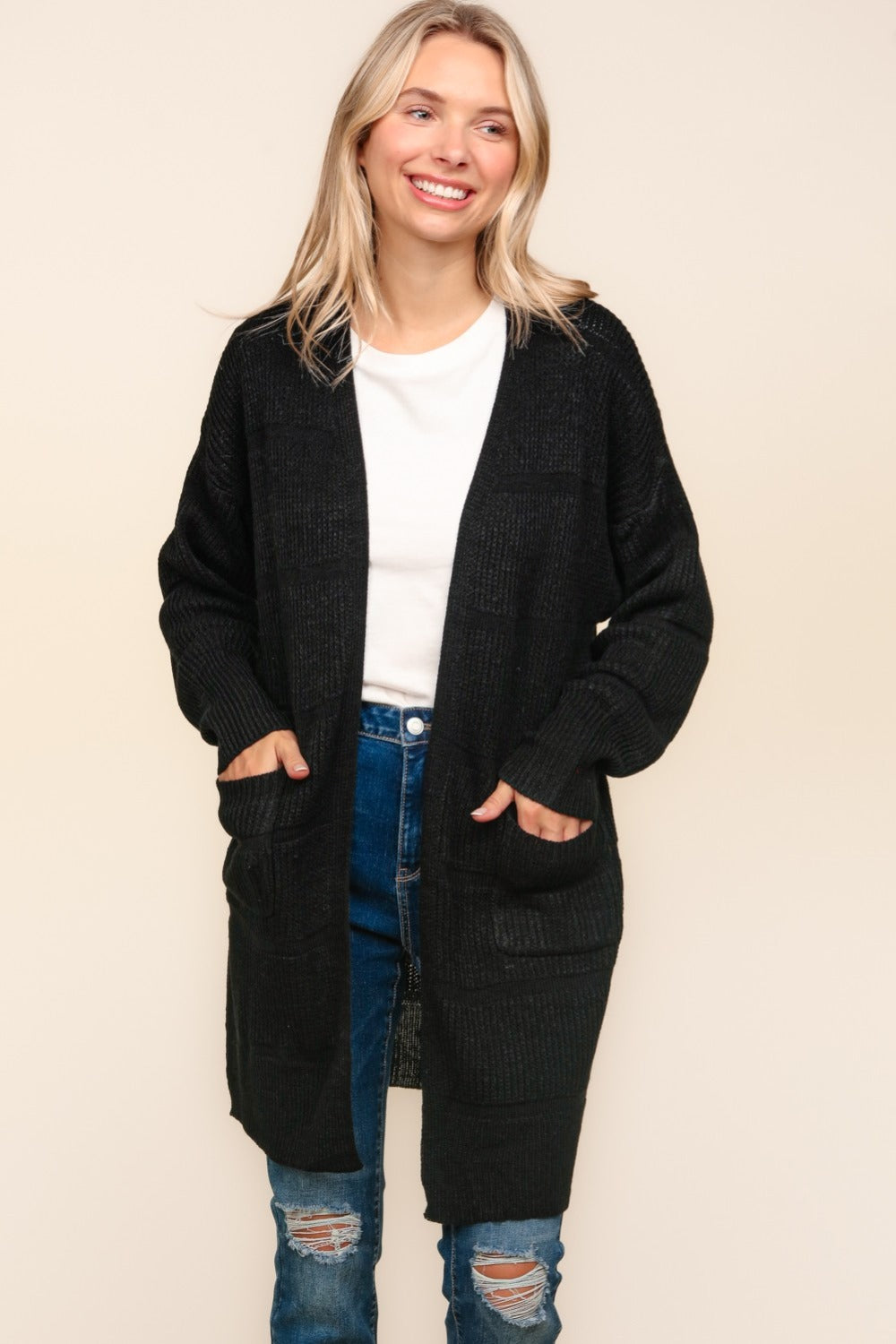 Haptics Crisp Nights Stripe Textured Open Front Cardigan with Pockets in Black