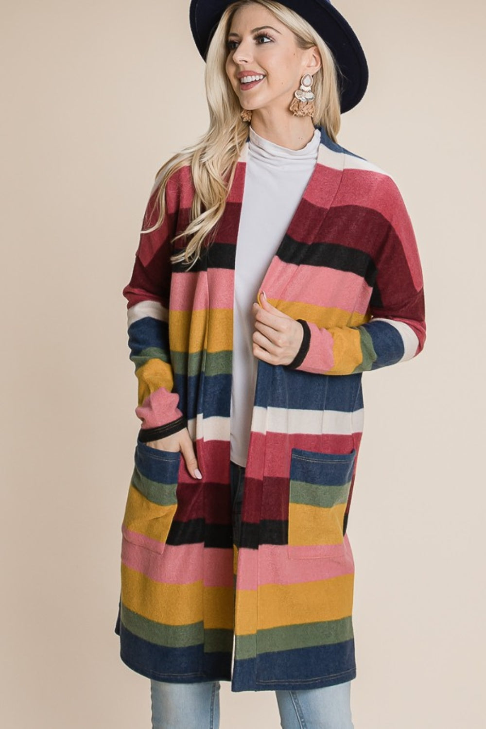 BOMBOM Cozy and Colorful Color Block Striped Open Front Cardigan