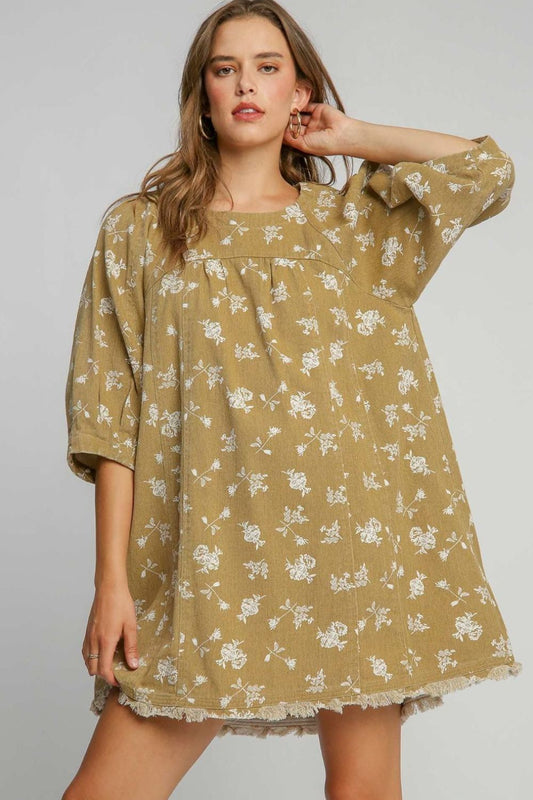 Umgee Feel The Rhythm Raw Hem Floral Print Denim Dress