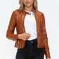 Snobbish Embrace The Day Faux Leather Zip Up Drawstring Hooded Jacket in Camel