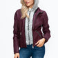 YMI Fuzzy Feels Faux Layered Double-Zipper Jacket with Fuzzy Hood in Wine