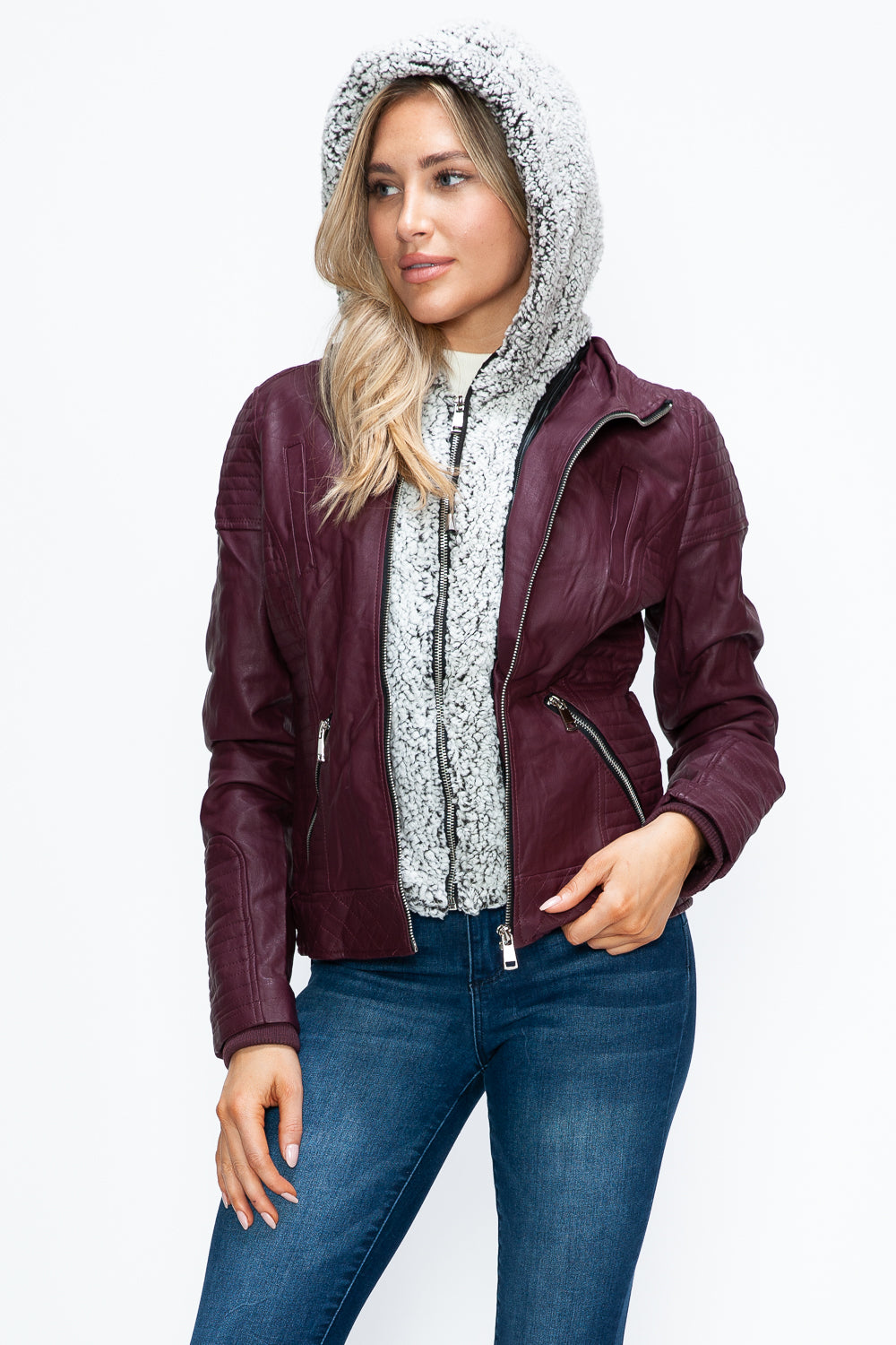 YMI Fuzzy Feels Faux Layered Double-Zipper Jacket with Fuzzy Hood in Wine