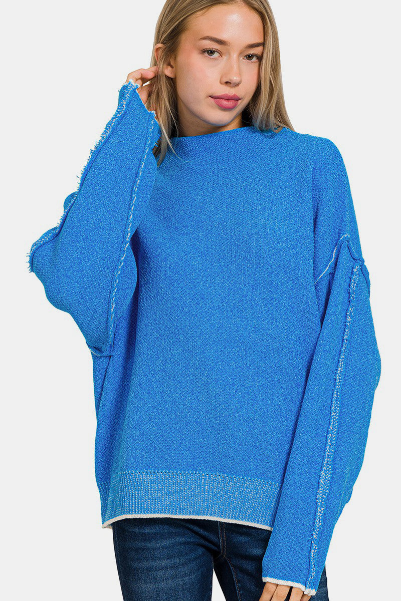 Zenana Everyday Cozy Exposed Seam Mock Neck Long Sleeve Sweater in Ocean Blue