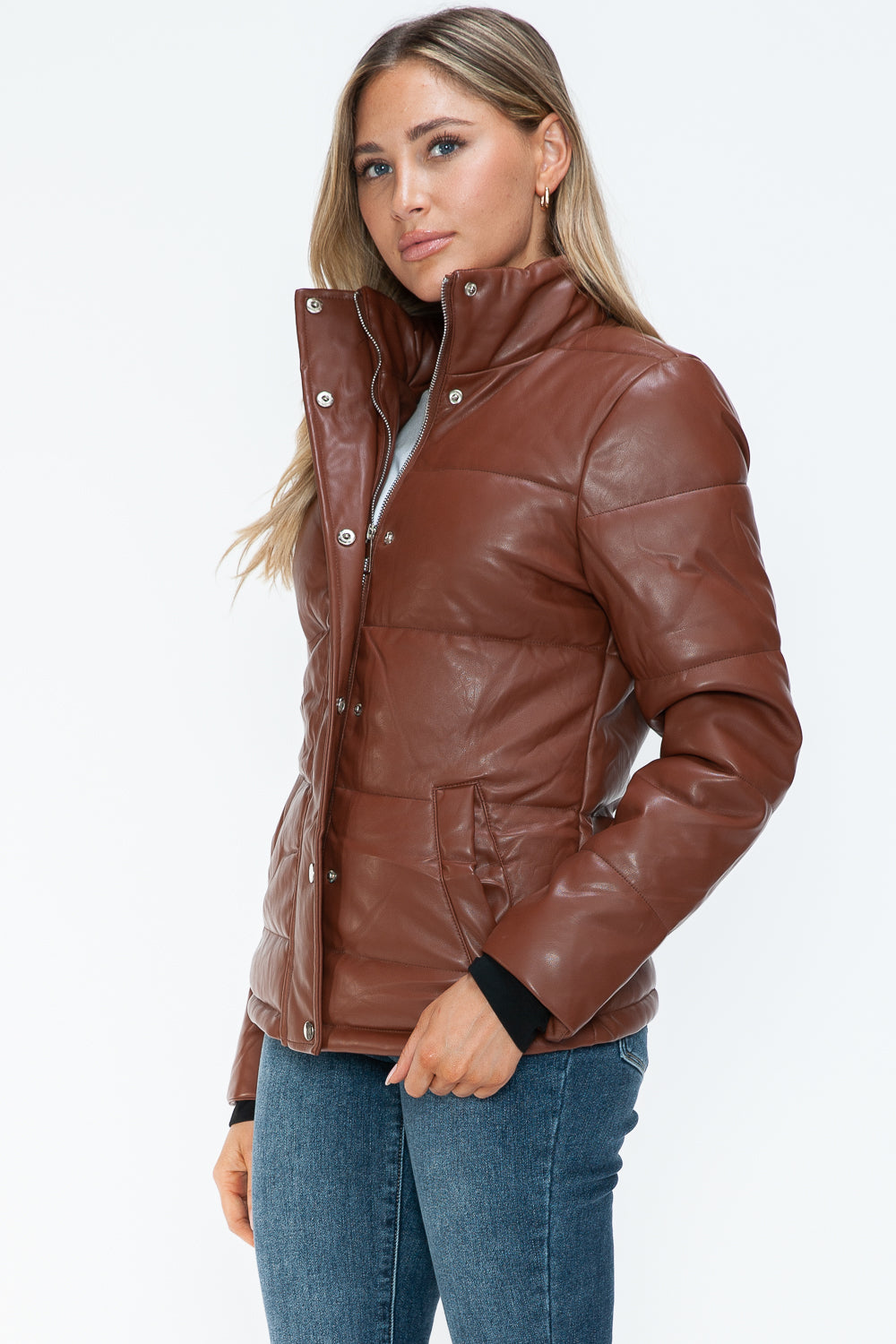 YMI Cozy Perfection Pocketed Zip Up Turtleneck Puffer Jacket in Brandy