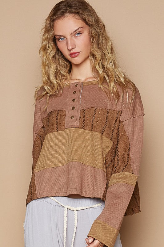 POL Block Party Half Button Color Block Drop Shoulder Knit Top in Dark Brown