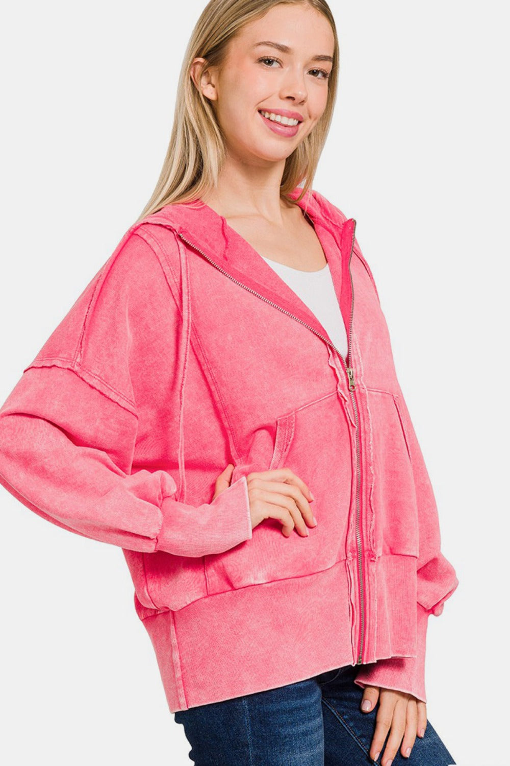 Zenana Acid My Go To French Terry Washed Zip-Up Hoodie with Pockets in Fuchsia