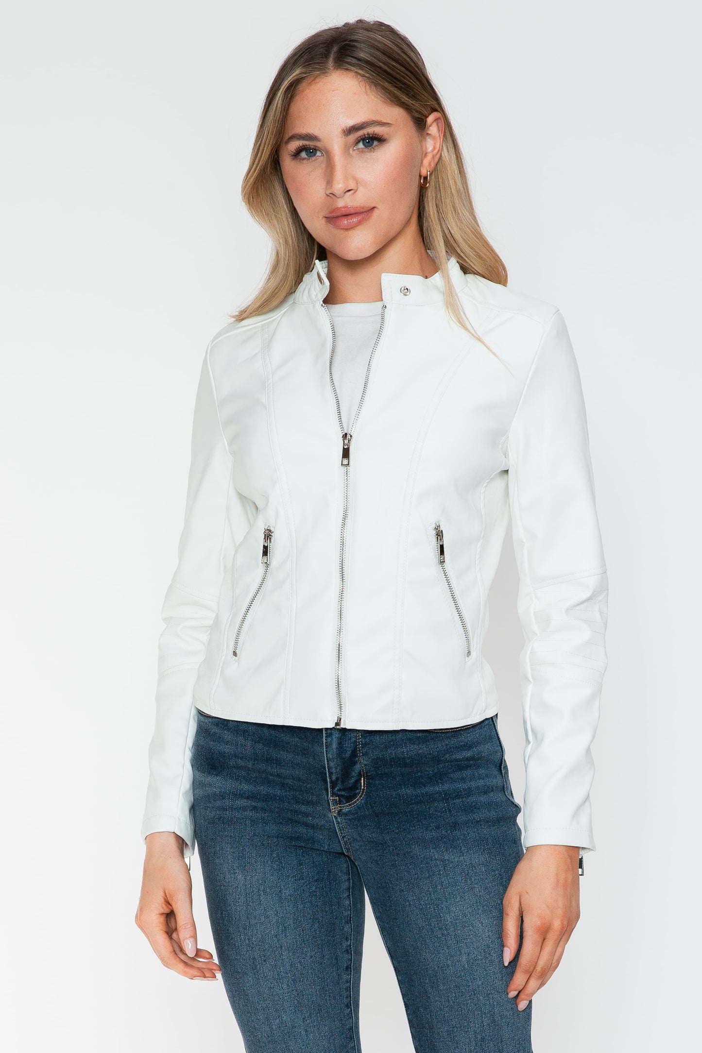 Snobbish Biker Babe PU Leather Zip Up Jacket with Pockets in White