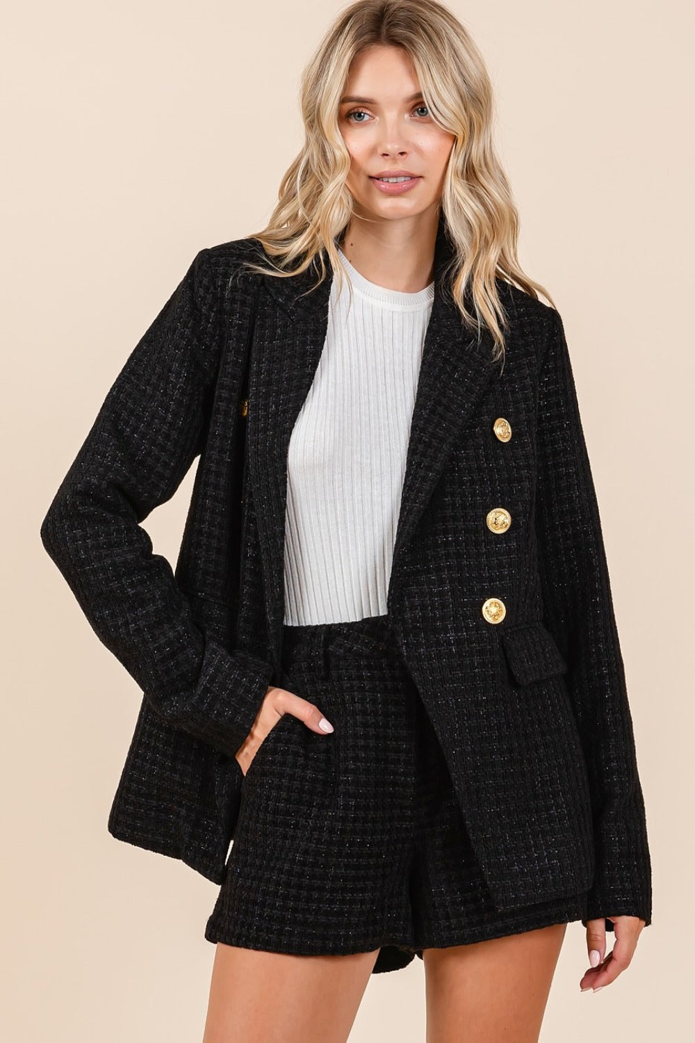 Mittoshop Dressed To Impress Plaid Texture Double-Breasted Long Sleeve Blazer
