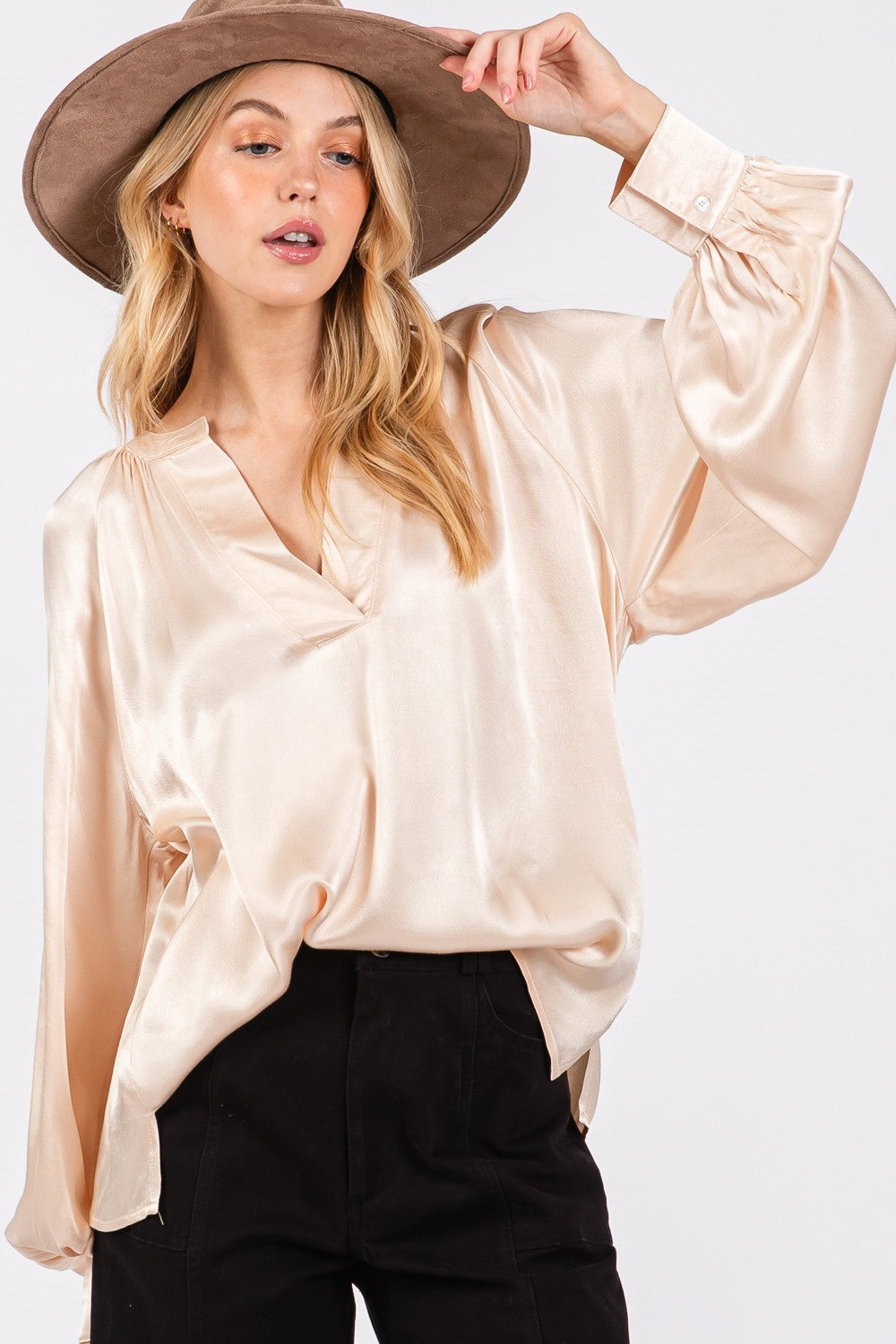 SAGE + FIG Champaign All Day Notched Long Sleeve Blouse