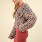 VERY J Feeling Fuzzy and Fabulous Shaggy Yarn Knit Zip Up Jacket in Green Multi