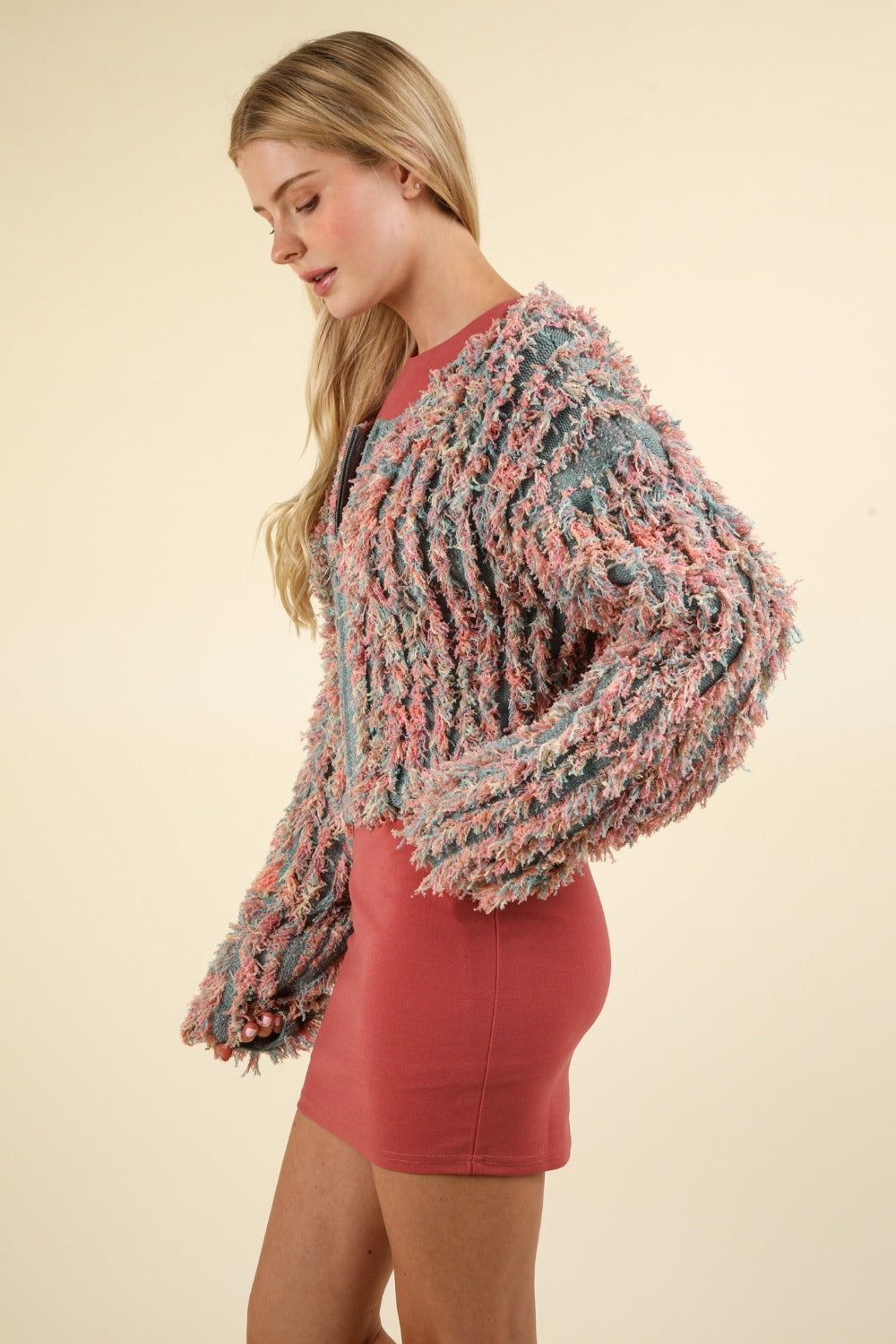 VERY J Feeling Fuzzy and Fabulous Shaggy Yarn Knit Zip Up Jacket in Green Multi