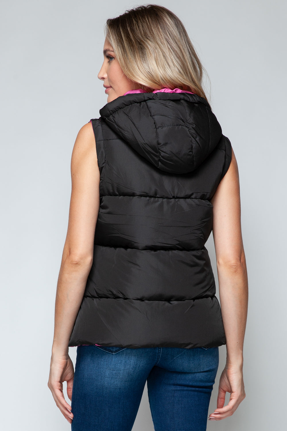 Snobbish Cute and Cozy Snap and Zip Closure Hooded Vest in Black/ Rose Violet