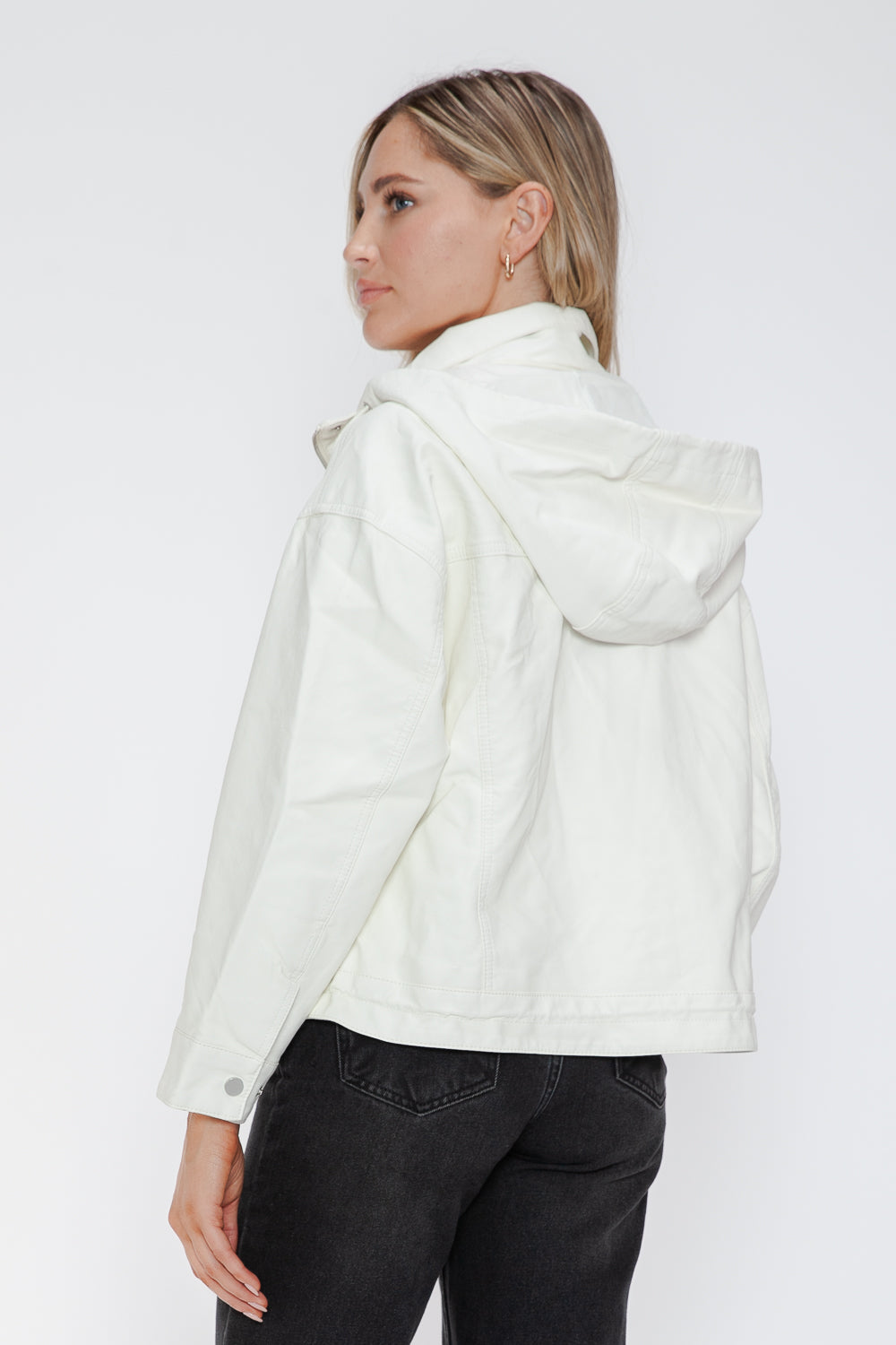 How Dare U My Favorite Layer Drawstring Hem PU Leather Zip Up Jacket in White