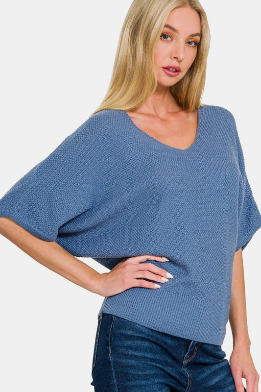 Zenana Make Your Move V-Neck Short Sleeve Dolman Sweater in Dusty Blue