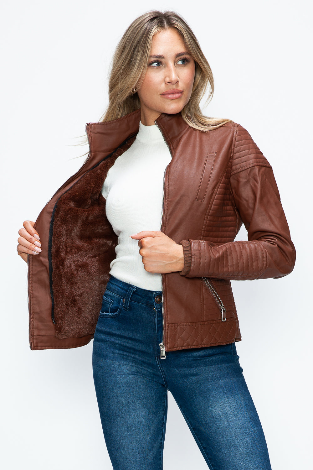 YMI Fuzzy Feels Faux Layered Double-Zipper Jacket with Fuzzy Hood in Brandy