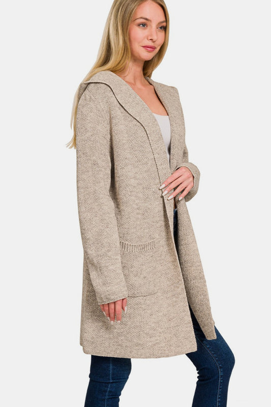 Zenana My Way Hooded Open Front Sweater Cardigan in Heather Mocha