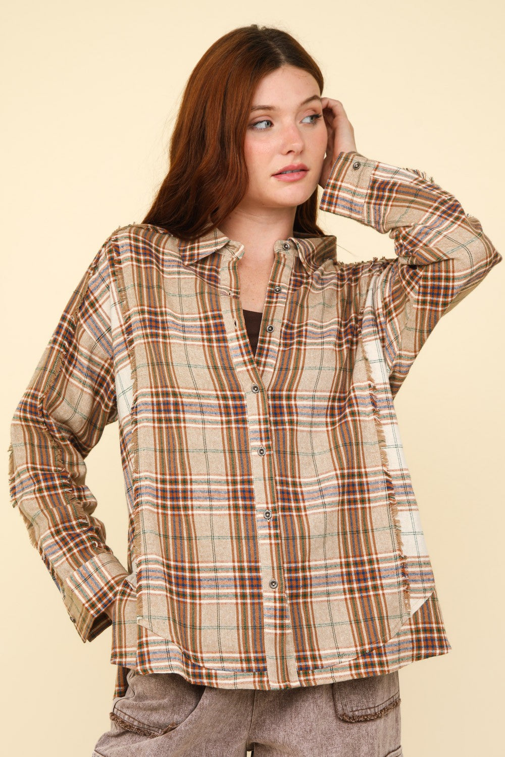 VERY J Falling For Plaid Contrast Plaid Raw Detail Shirt in Taupe