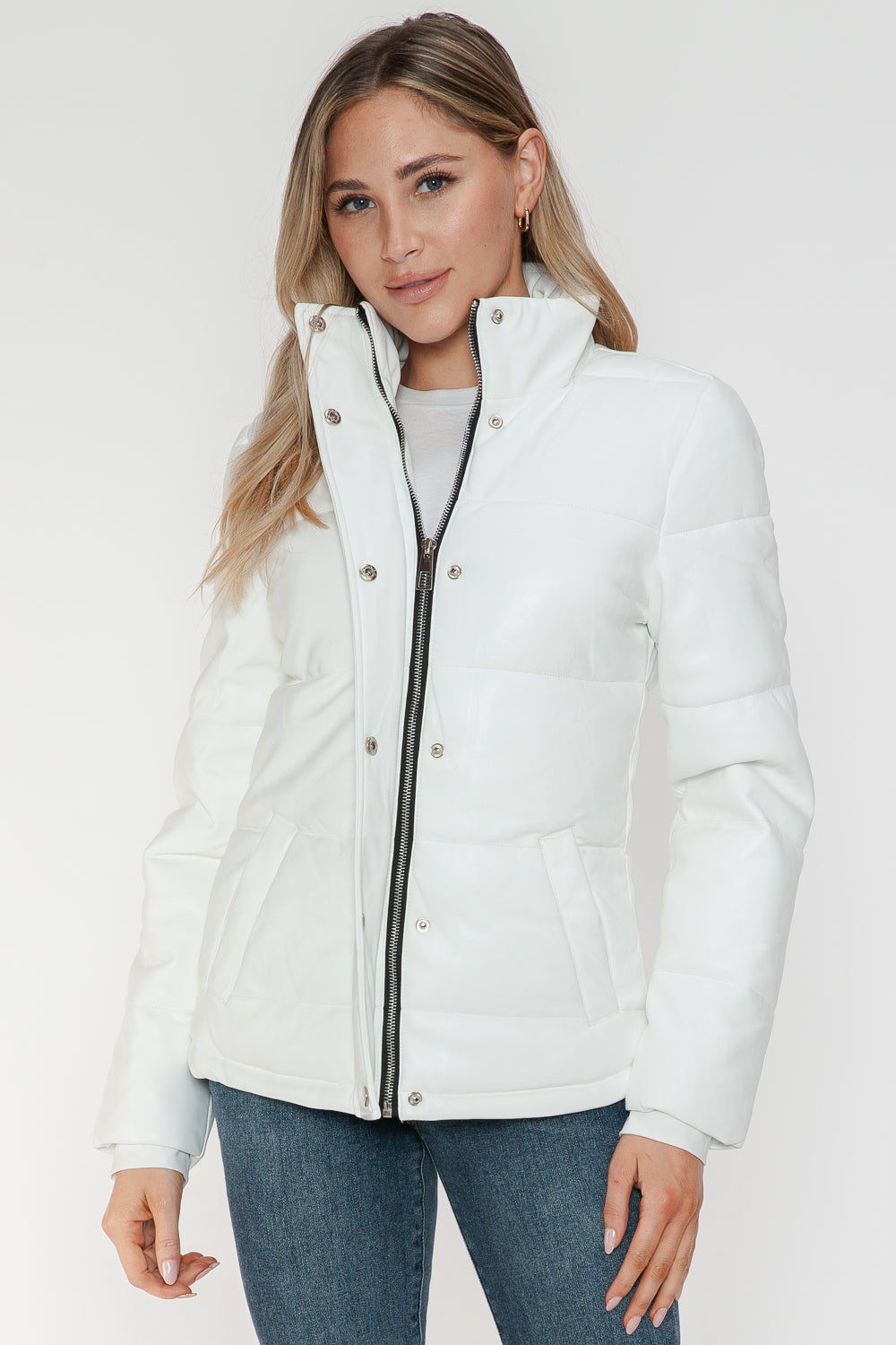 YMI Cozy Perfection Pocketed Zip Up Turtleneck Puffer Jacket in White