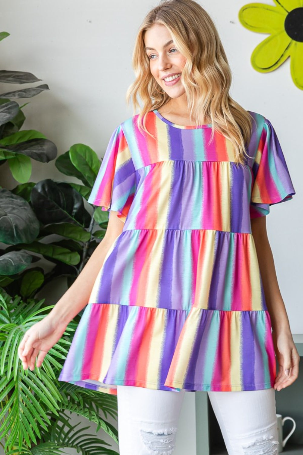 Heimish Rainbow Charm Short Sleeve Striped Tiered Top