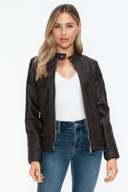 Snobbish A Wild Ride Faux Leather Biker Jacket with Side Zip Pockets in Chocolate