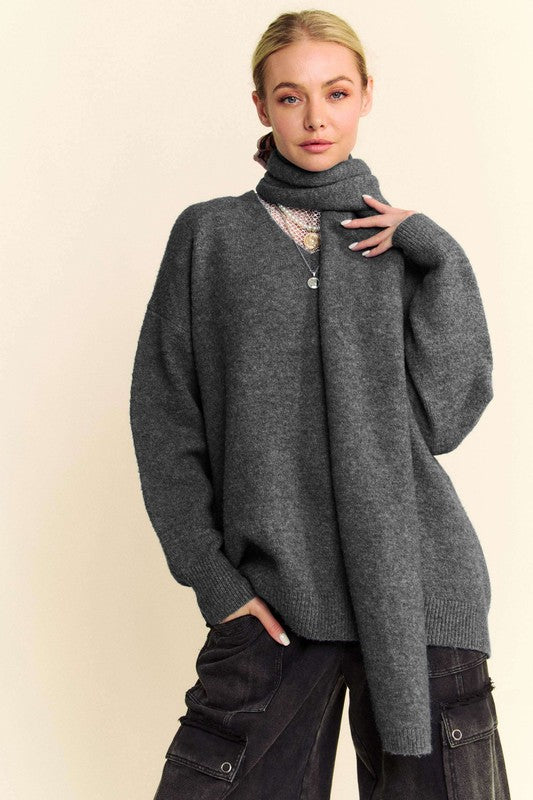 Davi & Dani Better Together V-Neck Dropped Shoulder Sweater with Scarf Set in Dark Gray