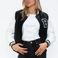 Love Me Now Bring The Love PU Leather Contrast Snap Down Bomber Jacket in Black/ White