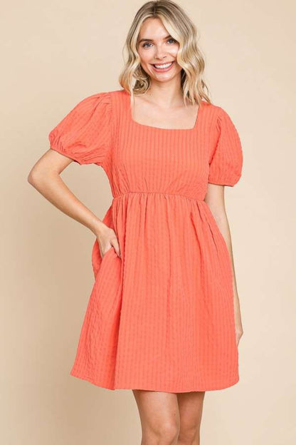 Culture Code Sugar Coral Skies Textured Square Neck Short Sleeve Dress