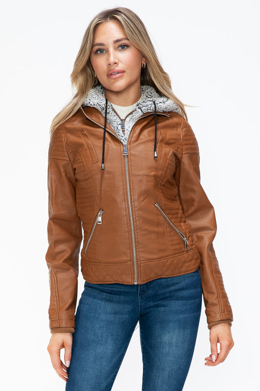 YMI Fuzzy Feels Faux Layered Double-Zipper Jacket with Fuzzy Hood in Camel