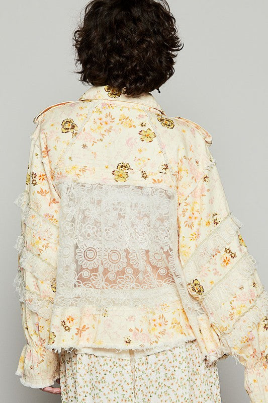 POL Dreams Come True Raw Hem Lace Patch Flounce Sleeve Jacket in Pastel Yellow