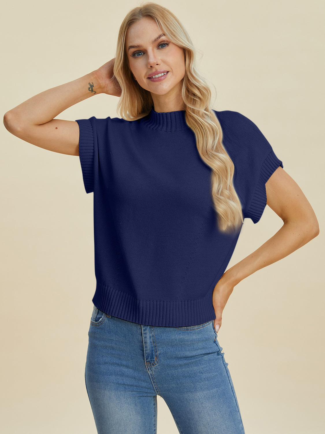 Double Take Lovely Day Mock Neck Short Sleeve Sweater