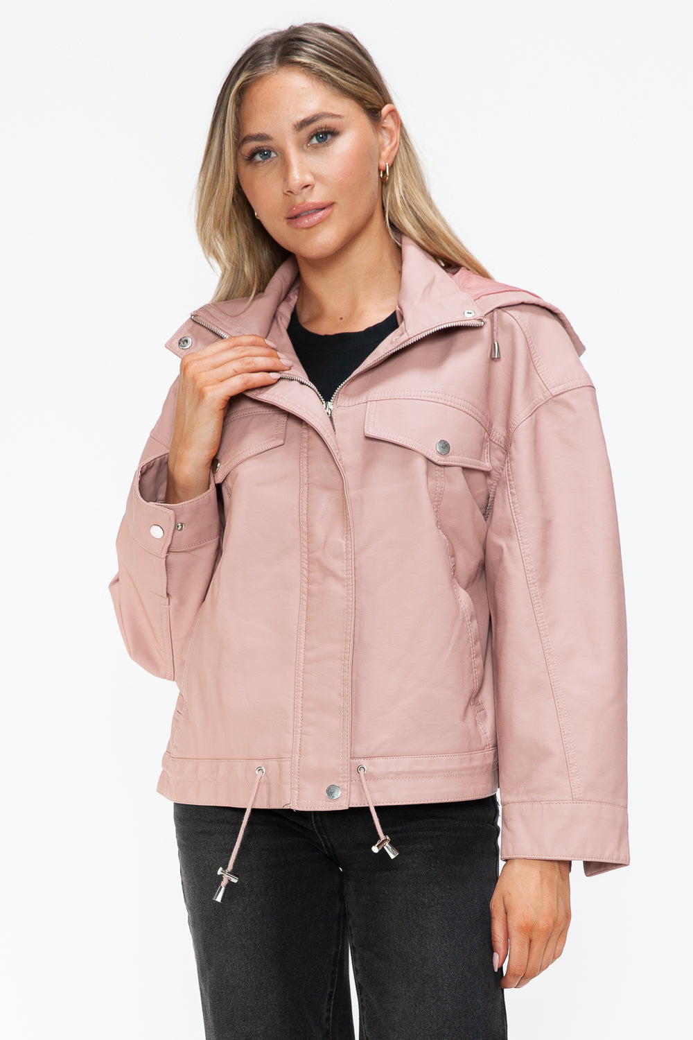 How Dare U My Favorite Layer Drawstring Hem PU Leather Zip Up Jacket in Mauve