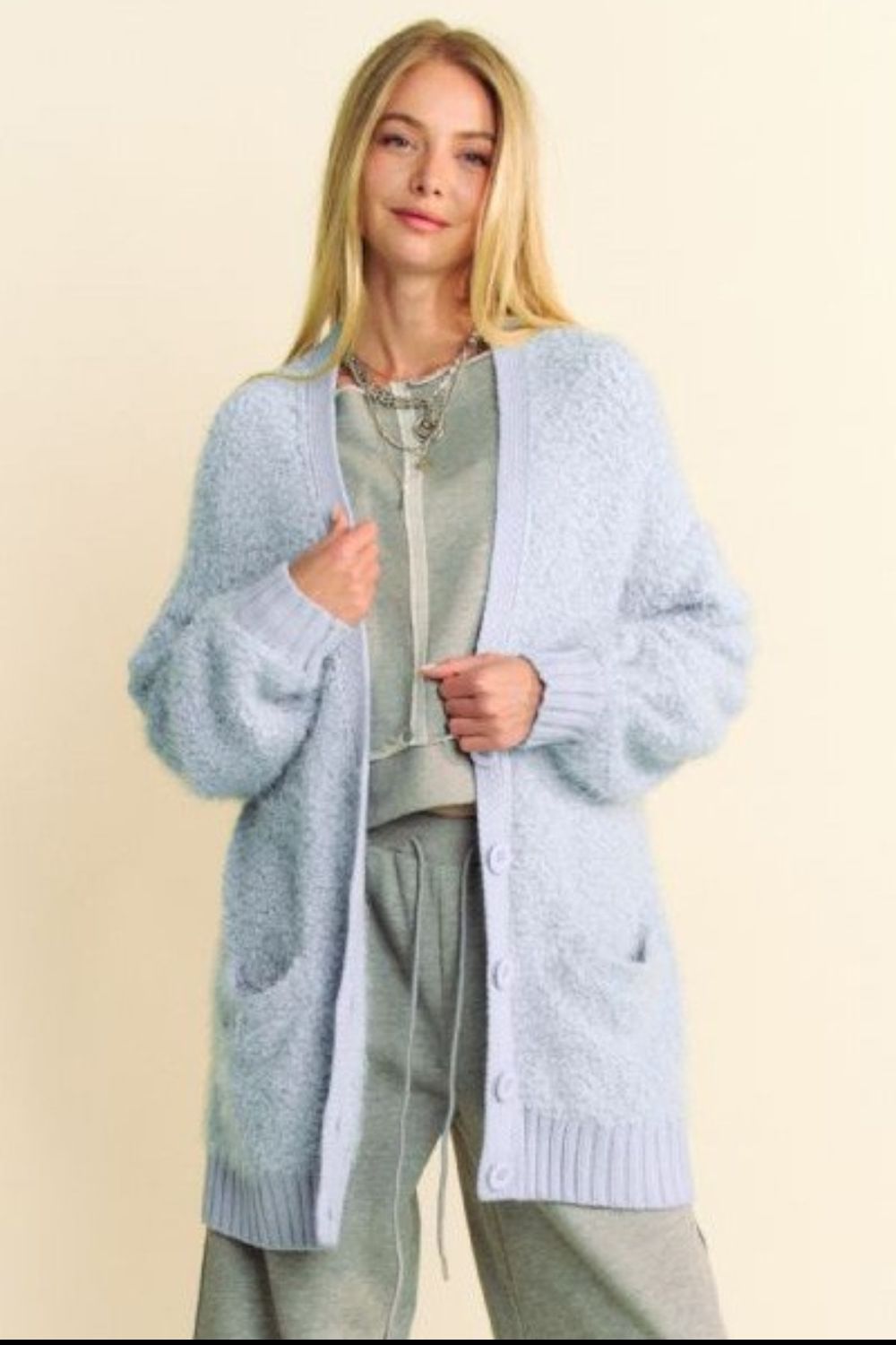 Davi & Dani Ribbed and Ready Ribbed Hem Button Up Long Sleeve Cardigan