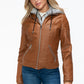 YMI Fuzzy Feels Faux Layered Double-Zipper Jacket with Fuzzy Hood in Camel