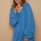 POL Feeling Happy Back Cross Strap Detail Balloon Sleeve Sweatshirt in Cobalt Blue