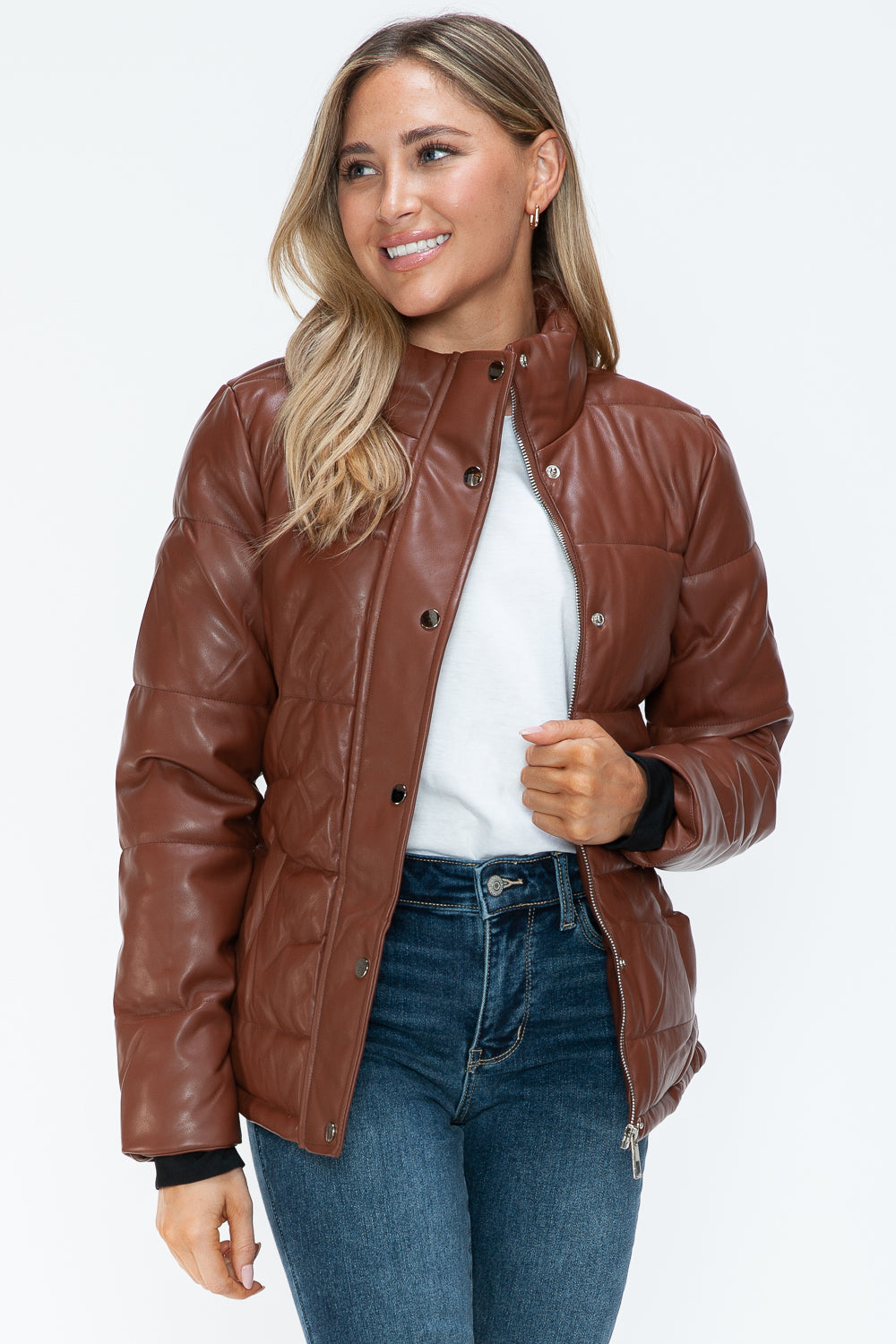 YMI Cozy Perfection Pocketed Zip Up Turtleneck Puffer Jacket in Brandy