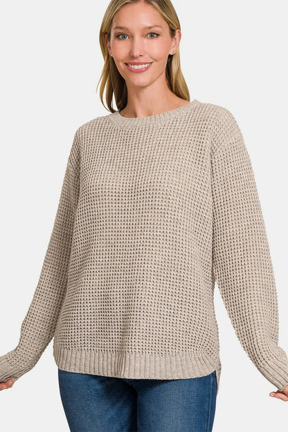 Zenana The World Is My Canvas High Low Long Sleeve Waffle Sweater in H Mocha