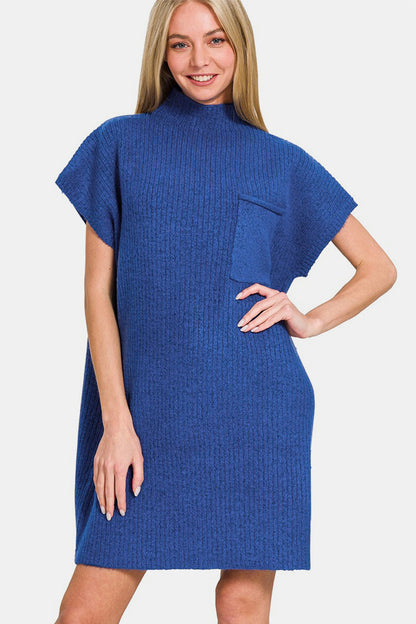 Zenana I'm Ready Short Sleeve Sweater Mini Dress in Navy